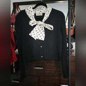 Black Cardigan with Polka Dot Scarf